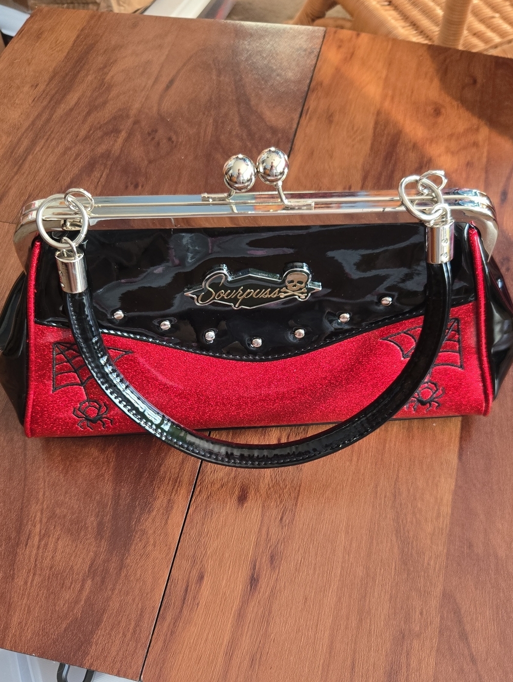 Sourpuss Black Patent and Red Glitter Top-Handle Handbag